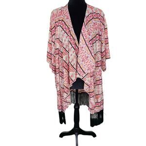 LulaRoe Pink Geometric Kimono Duster Statement Piece Beachy Black Fringe Boho L